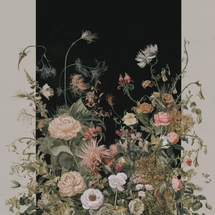 a painting of flowers and a black background with a picture of flowers