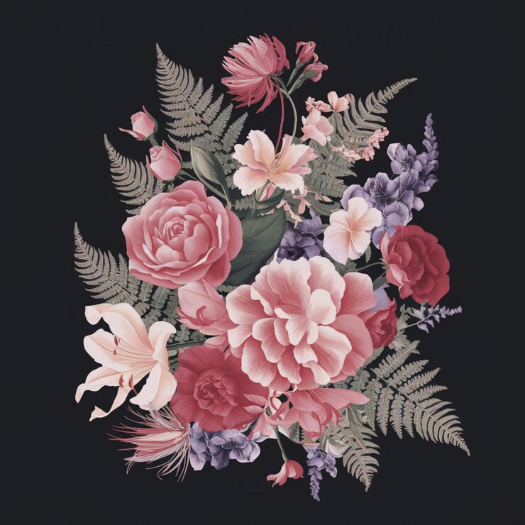 a painting of flowers and leaves with a black background