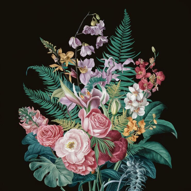 a painting of flowers and plants with the word flowers on the bottom