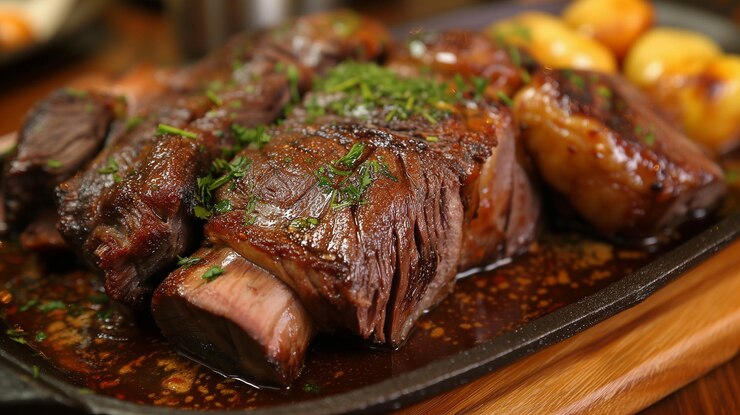 a pan of meat and potatoes with a green garnish on the bottom