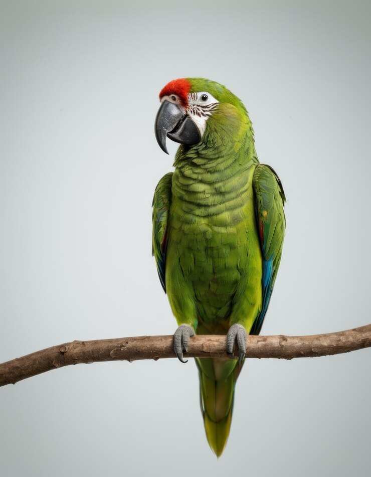 a parrot is perched on a branch with a gray background