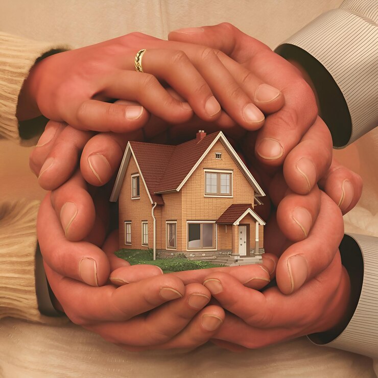 a person holding a model house with a house on the front and the front of the picture on the right