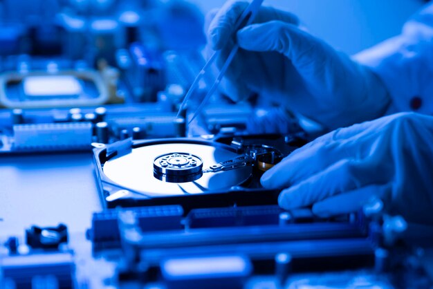 a person in gloves work in laboratory repair broken hdd hard drive