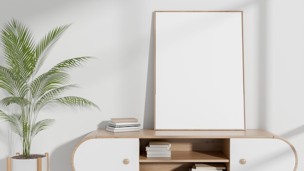 A picture frame mockup on a minimal wooden cabinet in a minimalist living room