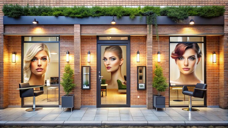 a picture of a womans face is on the door of a brick building