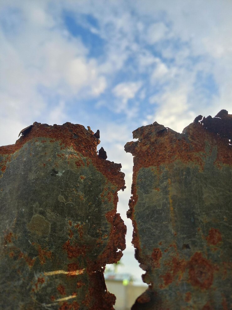 A piece of rusty metal with a blue sky in the background.