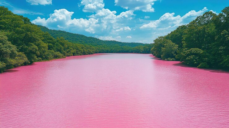 A pink lake surrounded by lush green forest under a blue sky