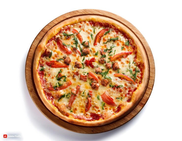 A pizza with slice isolated on white background