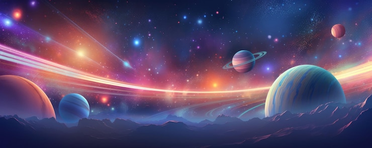 A planet in universe with other life mountains and moon in pastel colors panorama Generative Ai