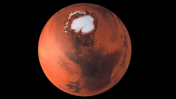 Photo a planet with a red surface and a large star on it