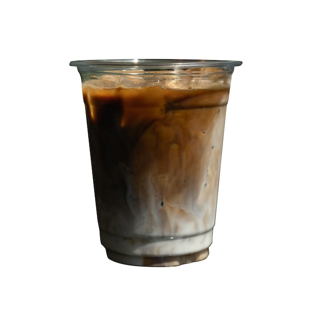 A plastic cup of iced coffee with cream on top.