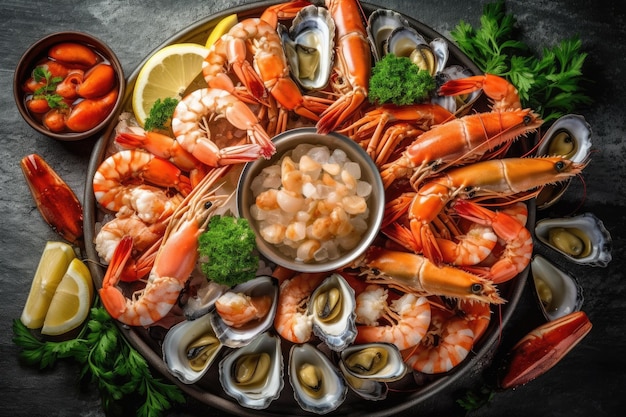 A plateau de fruits de mer è una fotografia di cibo professionale per la pubblicità di frutti di mare