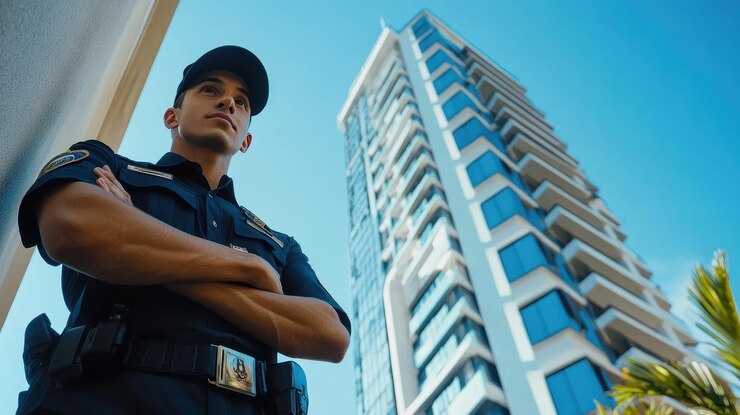 A police officer stands guard in front of a modern building under a clear blue sky during the day