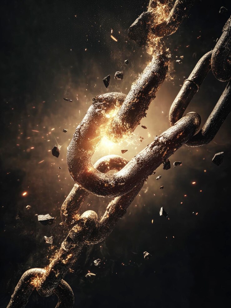 A powerful image of a chain breaking apart midair symbolizing freedom and overcoming obstacles