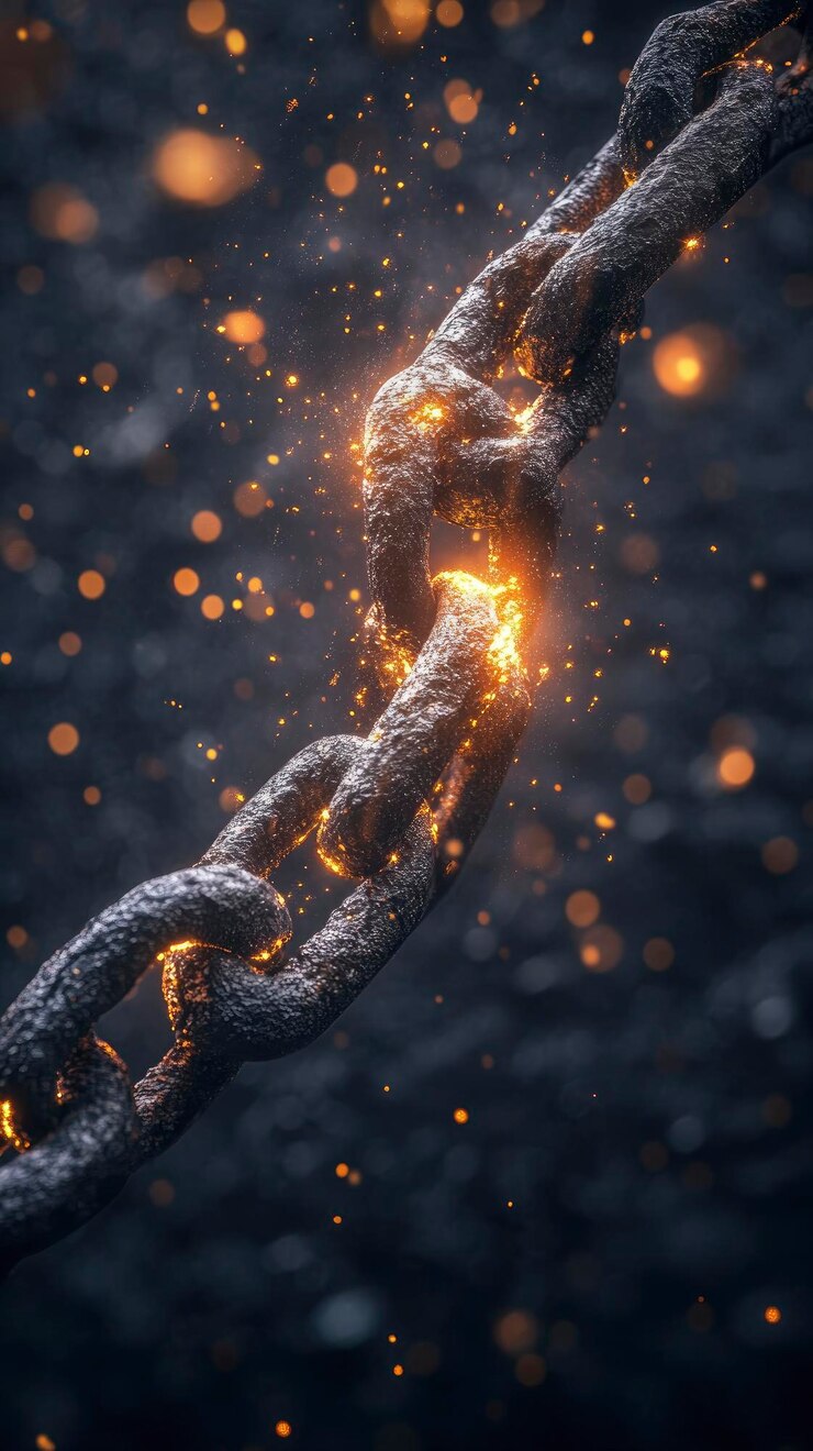 A powerful image of a chain breaking apart midair symbolizing freedom and overcoming obstacles
