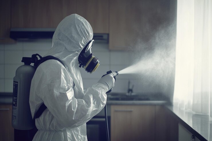 Photo a professional male disinfection worker in a white protective suit gas mask and gloves is spraying the kitchen with water to disinfect and clean