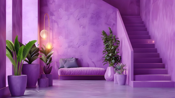 a purple room with a purple couch and potted plants