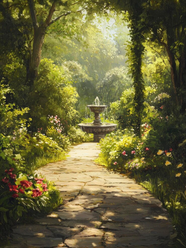 A quiet peaceful stone path winding through a lush garden with tall green trees
