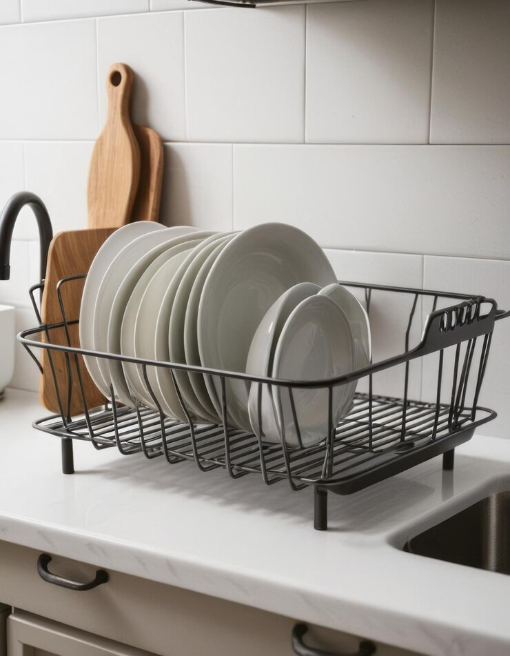 a rack with many plates and spoons on it