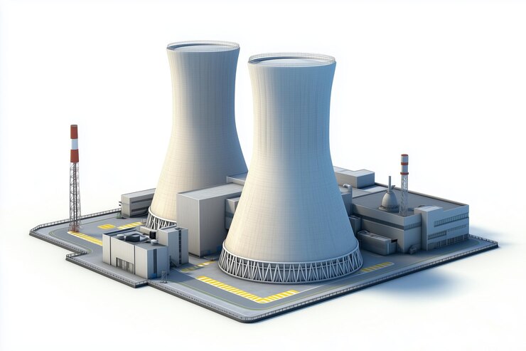 A rendering of a nuclear power plant with two cooling towers