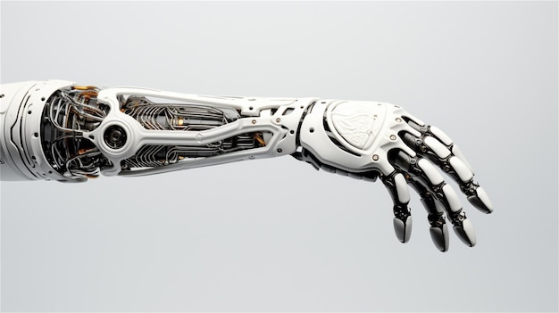 a robotic hand reaching for something on a black background