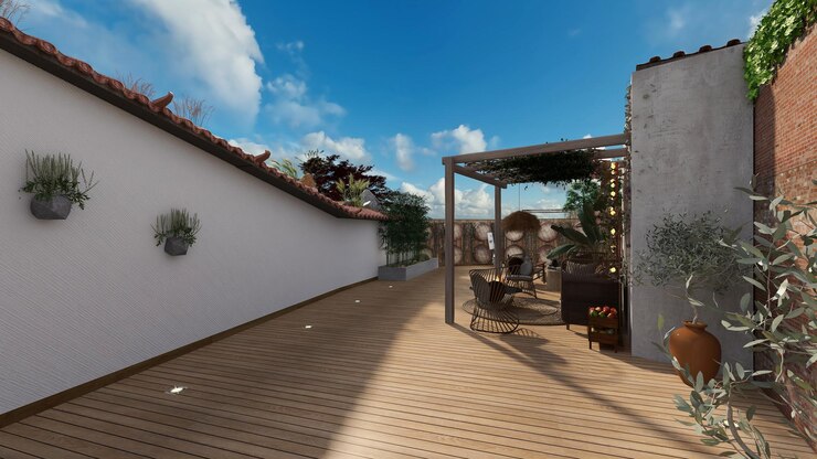 Photo a rooftop terrace with a table and chairs and a fire pit.