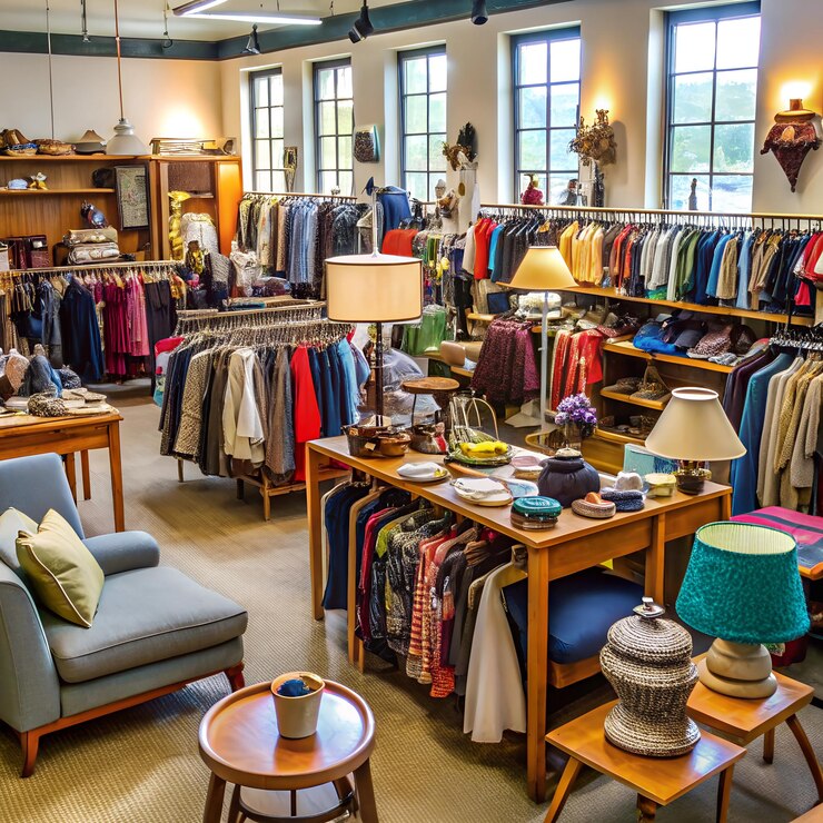 a room with a lot of clothes and a lamp on the shelf