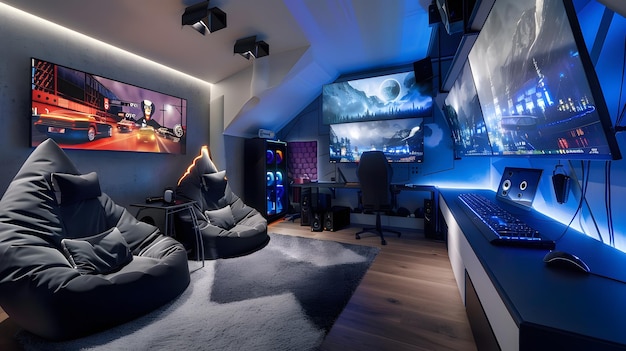 a room with a tv and a blue light on the wall