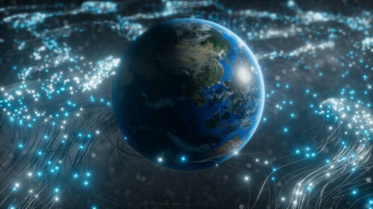 Photo a rotating globe in optical fiber clouds transmitting signals