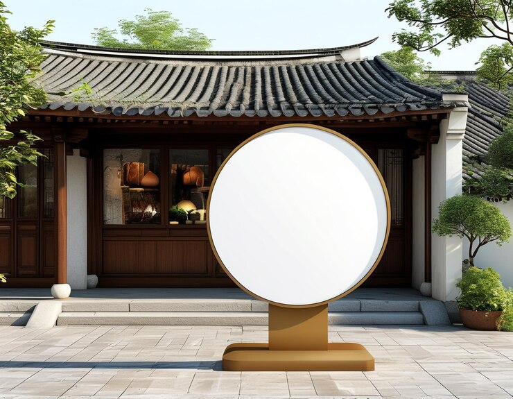 a round white sign that says the name of the place