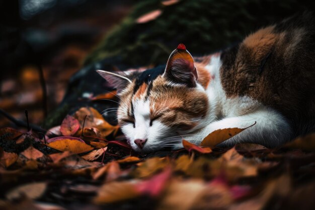 A Sagamihara, in Giappone, un gatto randagio sonnecchia sul suolo della foresta disseminato di foglie cadute