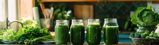 A Saluti frullati verdi in barattoli di vetro accanto a una varietà di verdure verdi su un bancone della cucina