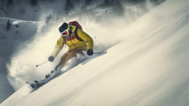 A sciatore sciatore salto sciatore snowboarding sport invernali estremi sciatore in discesa durante una giornata di sole in alta montagna Generativo Ai