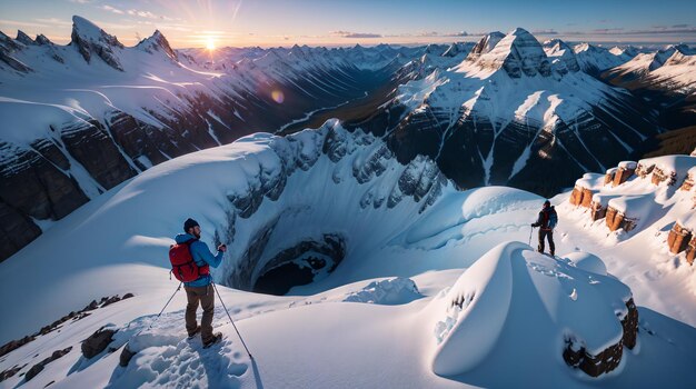 A sciatori su una montagna innevata con il sole che tramonta dietro di loro.