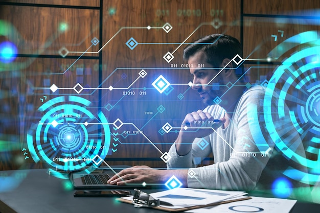 a serious caucasian man in casual wears typing laptop to create a new developers code for app double exposure information links hologram
