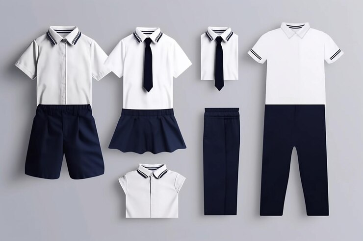 A set of shirts, shorts, and pants are arranged on a gray background.