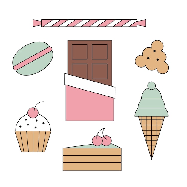 A set of simple sweet icons Ice cream chocolate pasta cookies cheesecake lollipop and cake