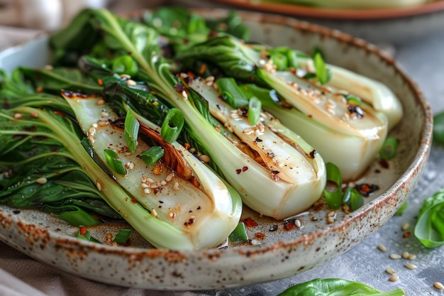 A ShanghaiStyle Baby Bok Choy in un piatto Sfondio verde Vista laterale da vicino