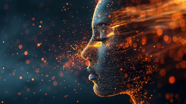 A side profile of a digital human portrait disintegrating with a dynamic fiery particle effect on a