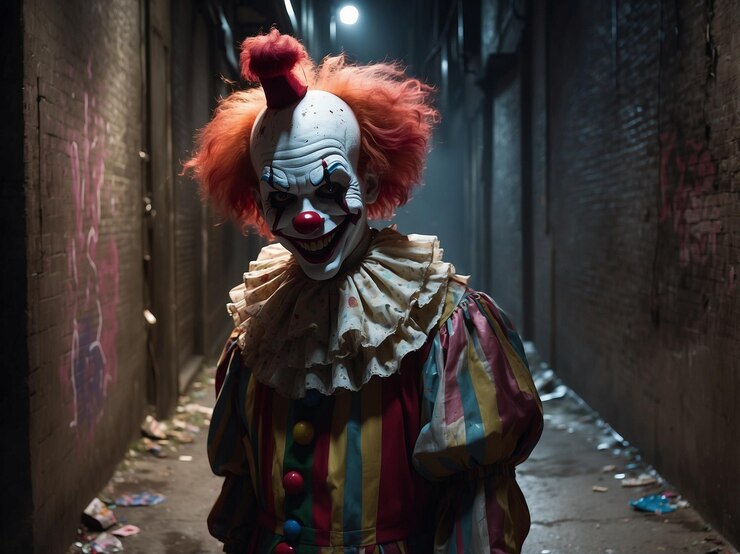 A sinisterlooking clown stands in a dimly lit alley with cracked makeup a crooked smile