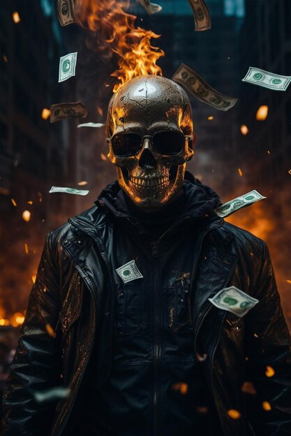 a_skull_man_fire_rounded_by_flying_money_in_a_cyberpunk