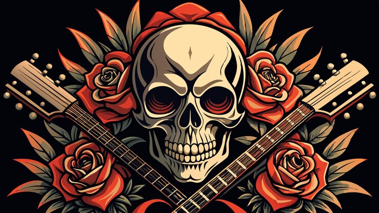 a skull with roses on his head is playing a guitar