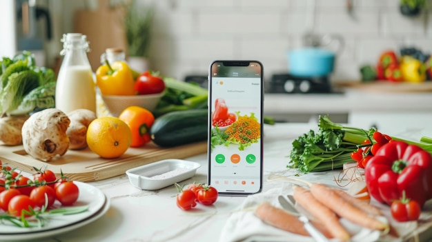 A smartphone displaying a food recipe app sits on a kitchen countertop surrounded by fresh produce