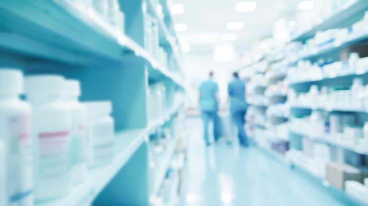 A softly blurred shot of a hospital pharmacy area with shelves of medication