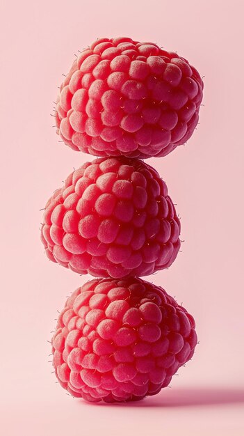 a stack of raspberry fruit balancing on top with solid background