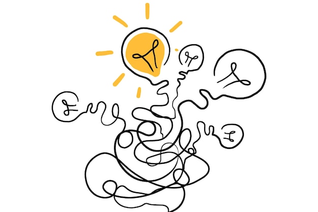 A stylized bright lightbulb representing an idea on a white background amidst a tangle of lines suggesting complexity