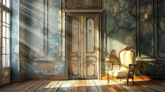 A sunlit room with a weathered door and a single chair in a dust
