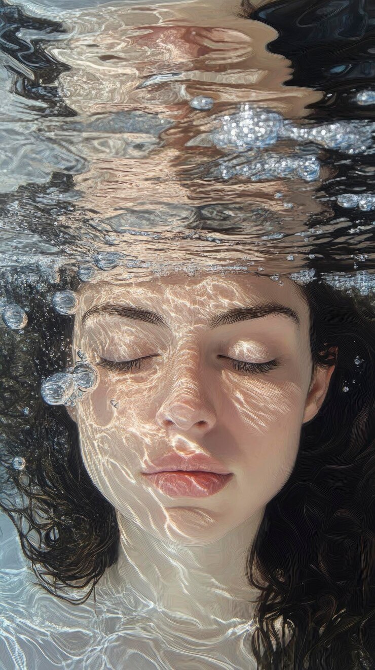 A surreal portrait of a woman partially submerged in crystal clear water reflections and ripples