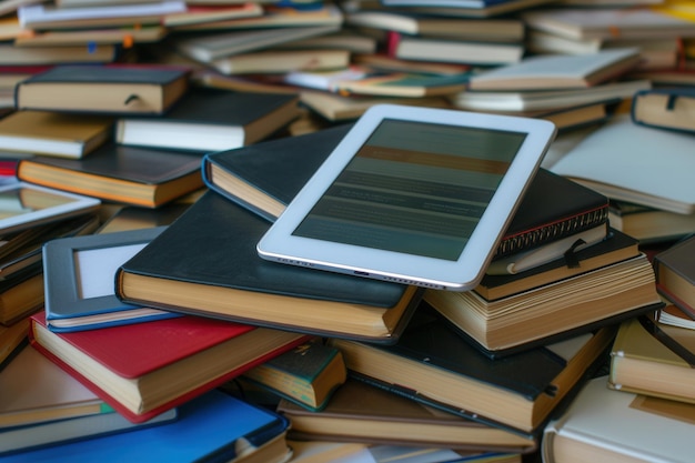 a tablet computer sits atop a stack of traditional textbooks highlighting the intersection of modern and traditional education generative ai