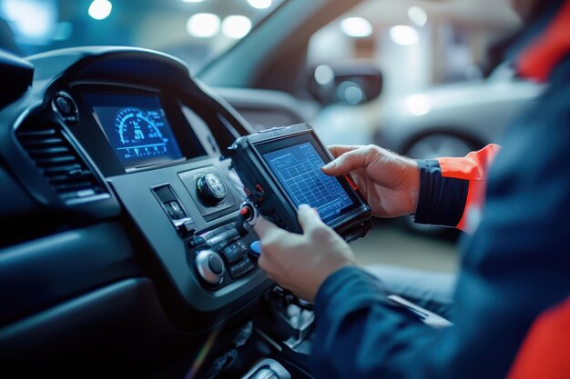 A technician uses a diagnostic tool inside a vehicle checking system data on the display